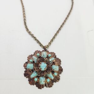 VTG Copper Faux Turquoise Confetti Lucite Stone Maltese Cross 17" Necklace